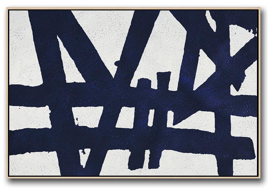 Horizontal Abstract Painting Navy Blue Minimalist Painting On Canvas - Art And Canvas Extra Large